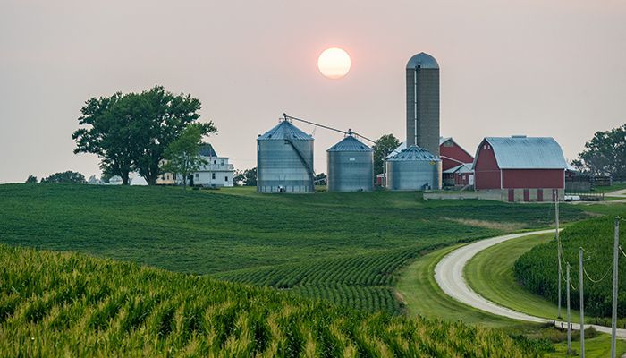 Iowa farm at sunset