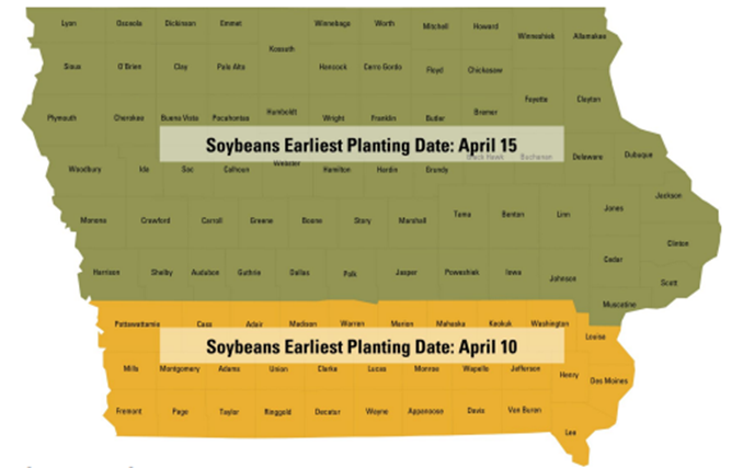 A map of the earliest planting dates for soybeans in Iowa